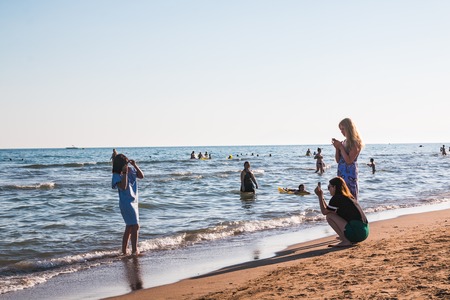 Side, Turkey - June, 24, 2017: People on the beach in a summer day in Side city in Turkeyのeditorial素材