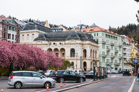 Karlovy Vary, Czech Republic - May 03, 2017: View of Old Town of Karlovy Vary, Czech Republic