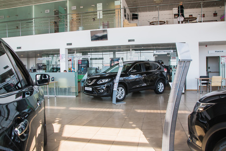 Russia, Kirov - My 15, 2017: Showroom and car of dealership Nissan in Kirov city in 2017