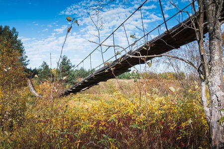 Suspension bridge over the river and the autumn nature aroundの写真素材