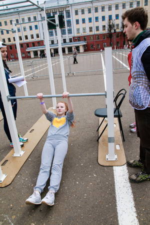 Russia, Kirov - May, 21, 2017: People during open sport training on the main square of Kirov city in...