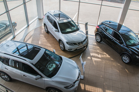 Russia, Kirov - My 15, 2017: Showroom and car of dealership Nissan in Kirov city in 2017