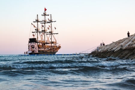 Side, Turkey - June, 24, 2017: Pirate ship on the sea in a summer eveningのeditorial素材