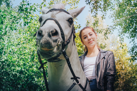 Girl teenager and white horse in a park in a summer dayの写真素材