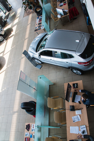 Russia, Kirov - My 15, 2017: Showroom and car of dealership Nissan in Kirov city in 2017のeditorial素材