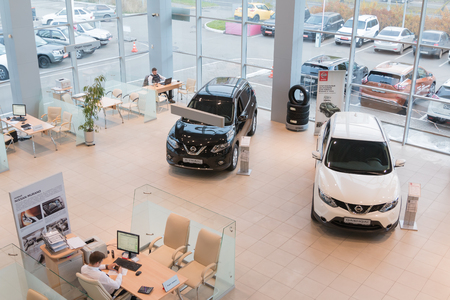 Kazan, Russia - October 19, 2017: Car in showroom of dealership Nissan in Kazan city. View from the topのeditorial素材