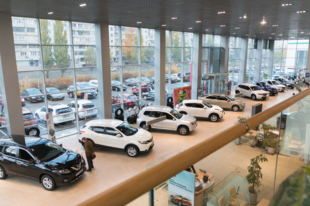 Kazan, Russia - October 19, 2017: Car in showroom of dealership Nissan in Kazan city. View from the topのeditorial素材