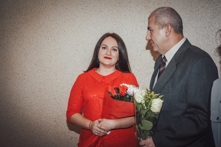 Kirov, Russia - November 24, 2017: Bride and groom in the registry office during wedding ceremonyのeditorial素材