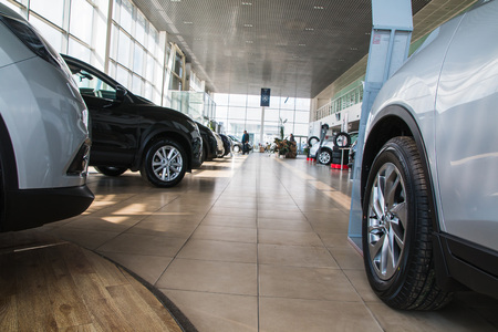 Russia, Kirov - My 15, 2017: Showroom and car of dealership Nissan in Kirov city in 2017