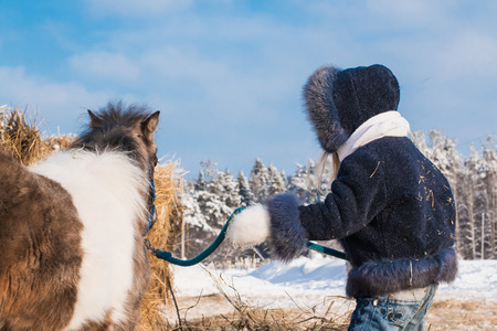 Small girl and small horse in a winter dayの写真素材
