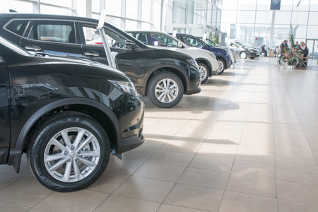 Russia, Kirov - My 15, 2017: Showroom and car of dealership Nissan in Kirov city in 2017