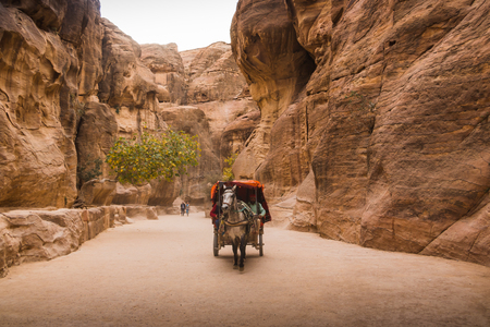Petra, Jordan - December, 21, 2017: Siq canyon, which goes to the ancient city of Petra and tourists in itのeditorial素材