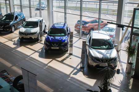 Russia, Kirov - My 15, 2017: Showroom and car of dealership Nissan in Kirov city in 2017のeditorial素材