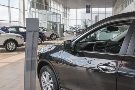 Russia, Kirov - My 15, 2017: Showroom and car of dealership Nissan in Kirov city in 2017のeditorial素材
