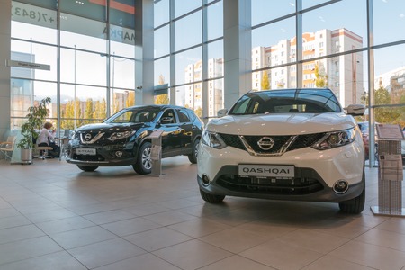 Car in showroom of dealership Nissan in Kazan cityのeditorial素材