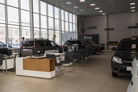 Kirov, Russia - March 06, 2018: Cars in showroom of dealership AVTOVAZ in in Kirov city in 2018のeditorial素材