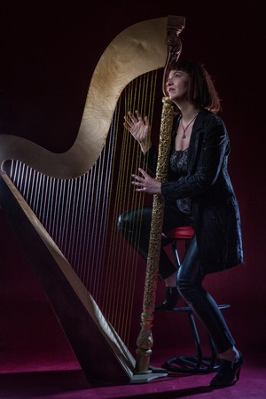 Confident ugly woman wearing black suit posing with harp in front of camera on stage with crimson floorr and black backgroundの写真素材