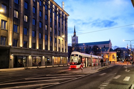 Estonia, Narva - March 30, 2018: Street of Tallinn city and cars on itのeditorial素材