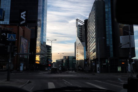 Estonia, Narva - March 30, 2018: Cars on the street of Tallinn city in an evening. View through window of a carPicture in the dark keyのeditorial素材