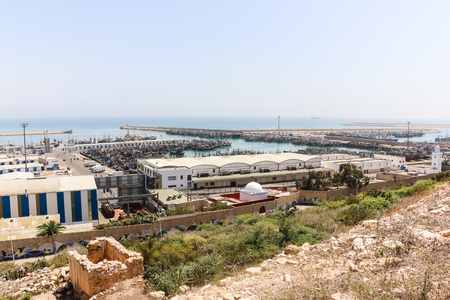 Agadir, Morocco - May 22, 2016: View of modern port in Agadir city from hight point in Morocco in Africaのeditorial素材