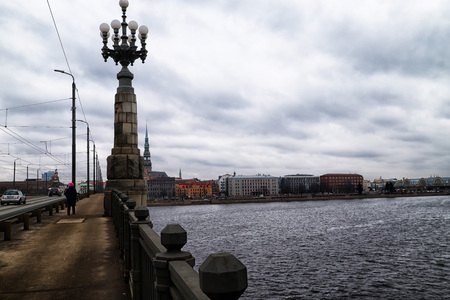 Riga, Latvia - April 01, 2018: View to the Bridge at the spring cloudy dayのeditorial素材