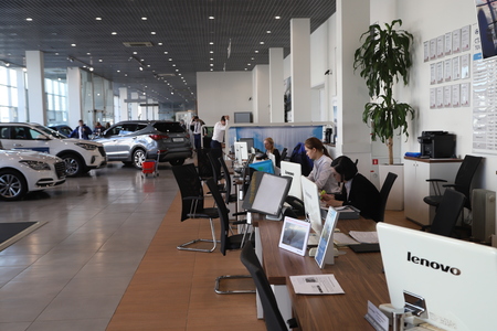 Nizhny Novgorod, Russia, Russia - March 14, 2018: Manager in showroom of dealership Hynday in Nizhny...