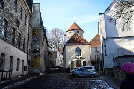 Estonia, Tallin - March 31, 2018: Street of old part of Tallin city and houses on itのeditorial素材