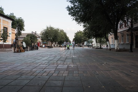 Orenburg, Russia - August 03, 2016: Walking street with a paved stone in Orenburg city in a summer...