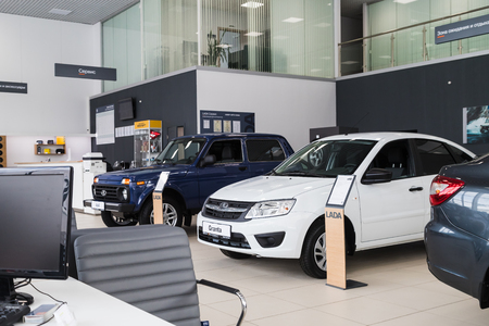 Kirov, Russia - March 06, 2018: Cars in showroom of dealership AVTOVAZ in in Kirov city in 2018のeditorial素材