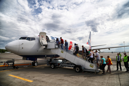 Kazan, Russia - May 19, 2018: The plane on the runway at the airport of Kazan. View from the windowのeditorial素材