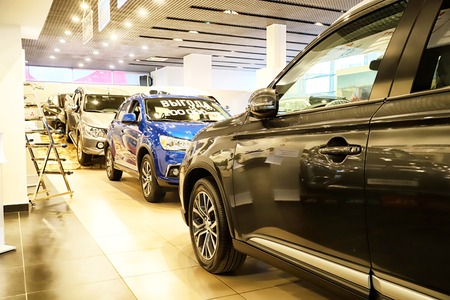 Kazan, Russia - May 18, 2018: Cars in showroom of dealership Mitsubishi in Kazan in 2018のeditorial素材