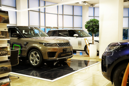 Kazan, Russia - May 18, 2018: Cars in showroom of dealership Range Rover in Kazan in 2018のeditorial素材