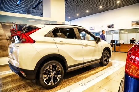 Kazan, Russia - May 18, 2018: Car in showroom of dealership Mitsubishi in Kazan in 2018