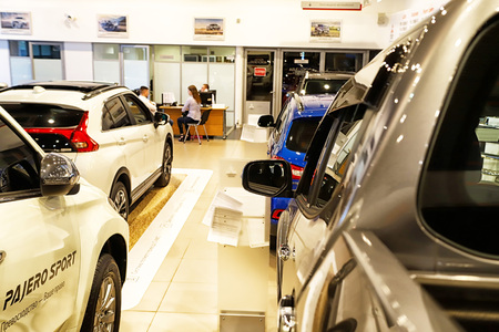 Kazan, Russia - May 18, 2018: Car in showroom of dealership Mitsubishi in Kazan in 2018