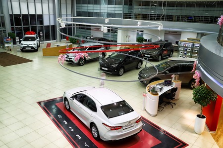 Kazan, Russia - May 18, 2018: Cars in showroom of dealership Toyota in Kazan city. Top viewのeditorial素材
