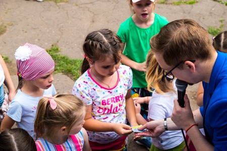 Kirov, Russia - July 08, 2018: Children are waiting for the lottery in the Park Multiland in Kirov cityのeditorial素材