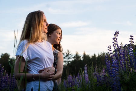 Two female friends in a field of purple lupines in a summer eveningの写真素材