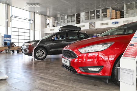 Kazan, Russia - May 27, 2018: Cars in showroom of dealership Ford in Kazan in 2018のeditorial素材