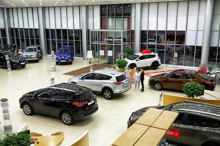 Kazan, Russia - May 18, 2018: Cars in showroom of dealership Toyota in Kazan city. Top viewのeditorial素材