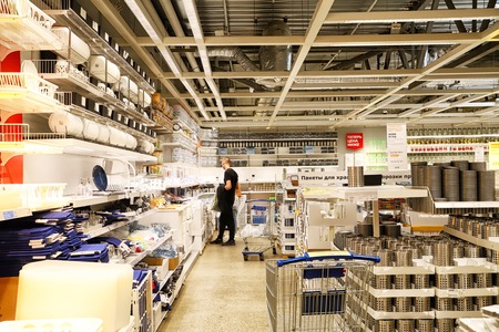 Kazan, Russia - August 31, 2018: Interior of large IKEA store with a wide range of products in...