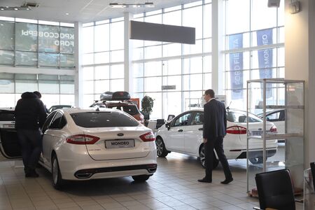 Kirov, Russia - March 14, 2018: Cars in showroom of dealership Ford in Nizhny Novgorodcity in 2018