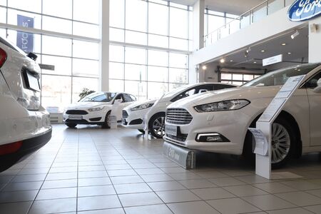 Kirov, Russia - March 14, 2018: Cars in showroom of dealership Ford in Nizhny Novgorodcity in 2018