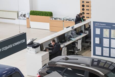 Kirov, Russia - March 06, 2018: Manager in showroom of dealership russian car plant AVTOVAZ named SeverAvto in Kirov city in 2018のeditorial素材