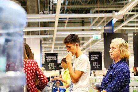 Kazan, Russia - August 31, 2018: Interior of large IKEA store with a wide range of products in...