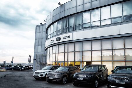 Kazan, Russia - May 18, 2018: Entrance in showroom of dealership Jaguar in Kazan in 2018のeditorial素材