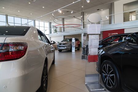 Nizhny Novgorod, Russia - March 14, 2018: Cars in showroom of dealership Toyota in Nizhny...
