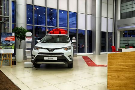Kazan, Russia - May 18, 2018: Car in showroom of dealership Toyota in Kazan in 2018