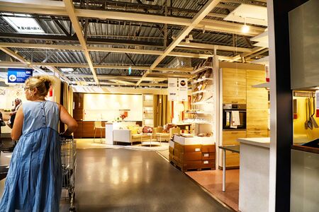 Kazan, Russia - August 31, 2018: Interior of large IKEA store with a wide range of products in...