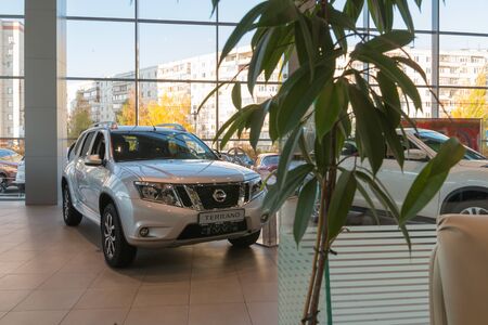 Kazan, Russia - October 19, 2017: Car in the showroom of dealership Nissan in Kazan city