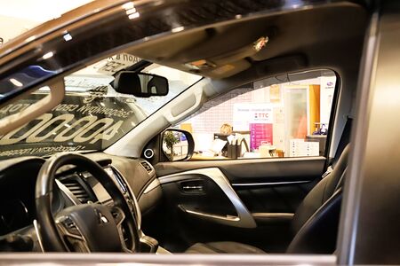 Kazan, Russia - May 18, 2018: Car in showroom of dealership Mitsubishi in Kazan in 2018